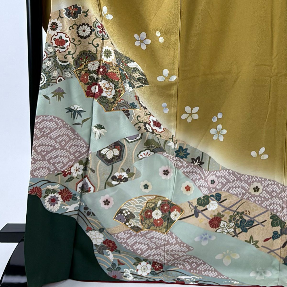 振袖禮服 身長172cm 袖長66cm M 雙層 扇子面 草花紋紋 金絲 金銀彩 黃土 茶 純蠶絲 秀品級