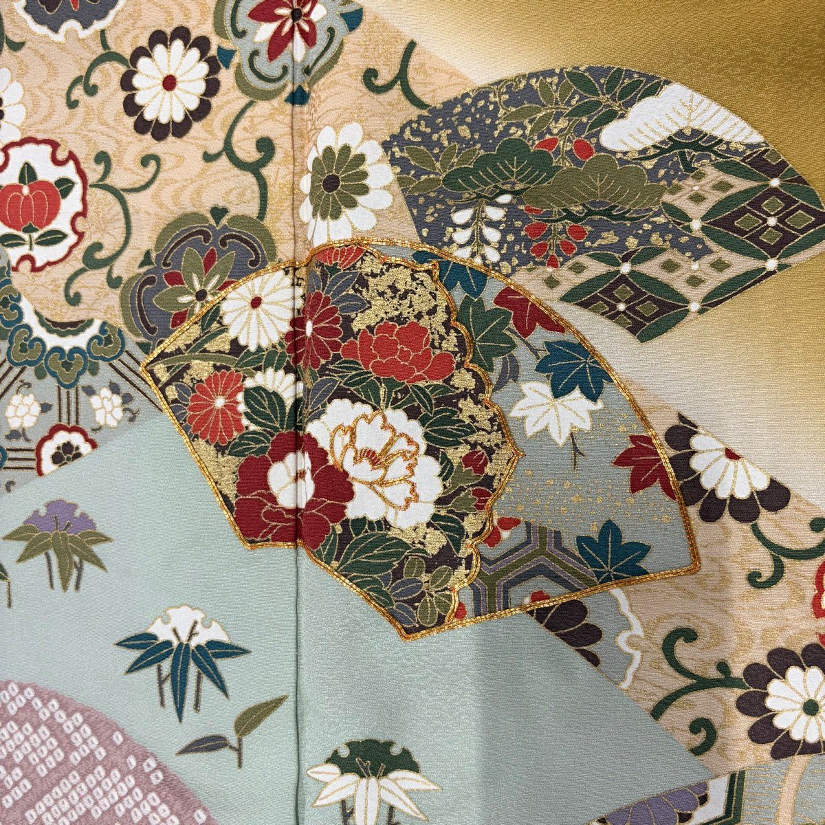 振袖禮服 身長172cm 袖長66cm M 雙層 扇子面 草花紋紋 金絲 金銀彩 黃土 茶 純蠶絲 秀品級
