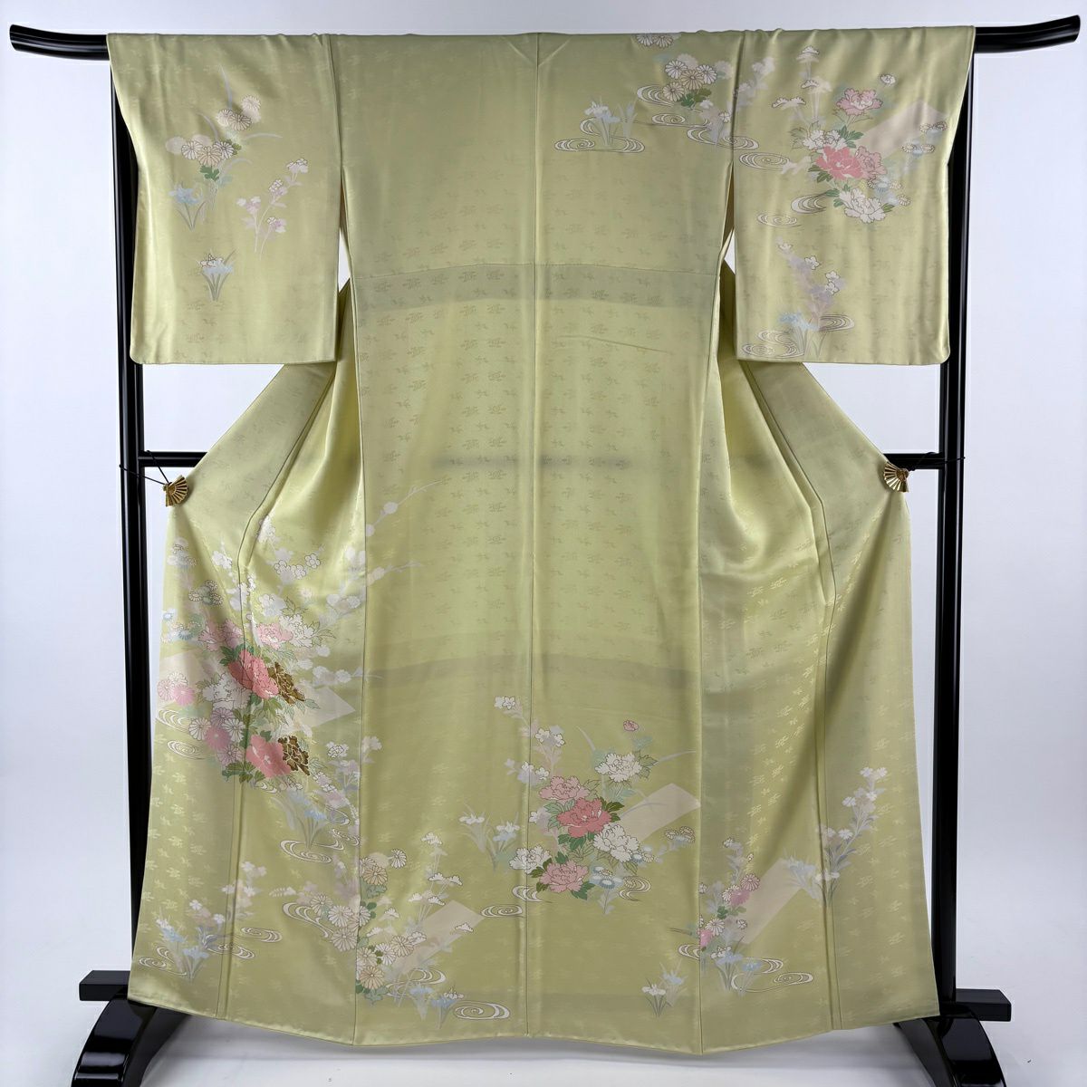 訪問服 身長164cm 袖長67cm M 雙層 牡丹 流水 金絲 金銀彩 抹茶 純蠶絲 秀品級