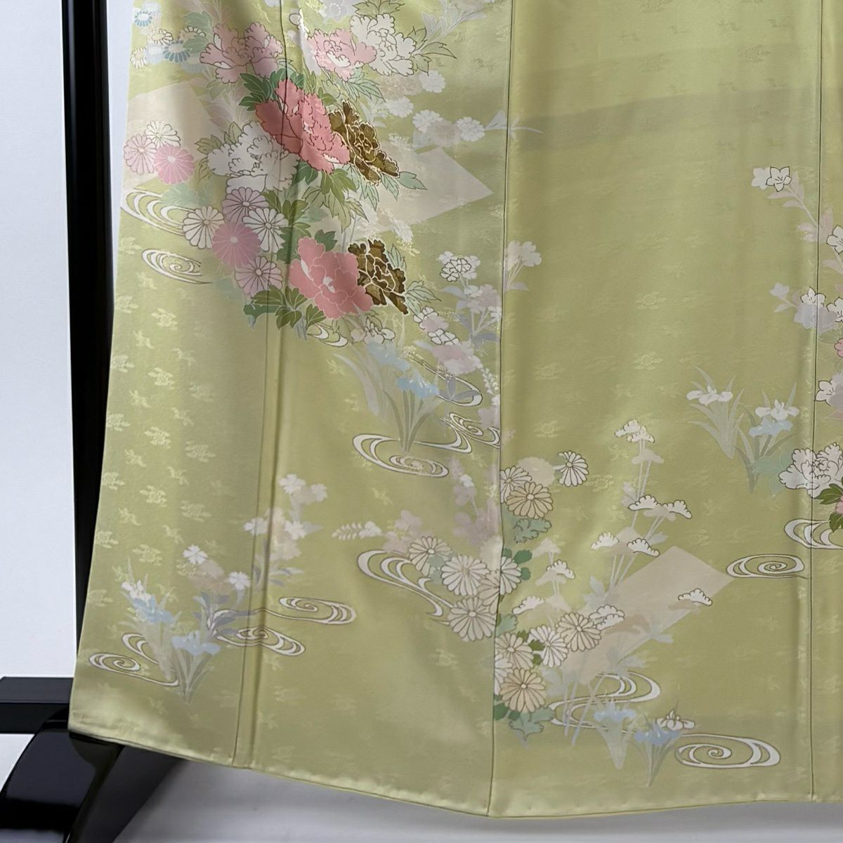 訪問服 身長164cm 袖長67cm M 雙層 牡丹 流水 金絲 金銀彩 抹茶 純蠶絲 秀品級