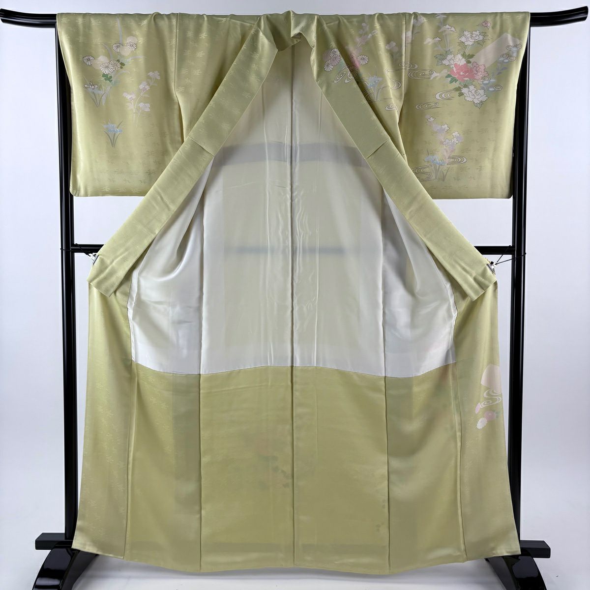 訪問服 身長164cm 袖長67cm M 雙層 牡丹 流水 金絲 金銀彩 抹茶 純蠶絲 秀品級