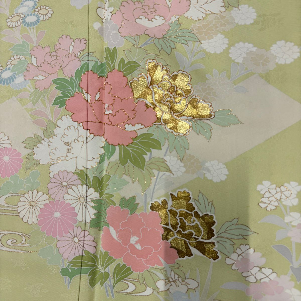 訪問服 身長164cm 袖長67cm M 雙層 牡丹 流水 金絲 金銀彩 抹茶 純蠶絲 秀品級