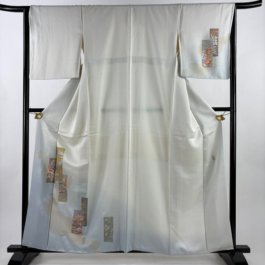 付下 身長160cm 袖長65cm M 雙層 和田光正 落款あり 短冊 草花紋紋 金銀彩 染分 灰白 純蠶絲 秀品級