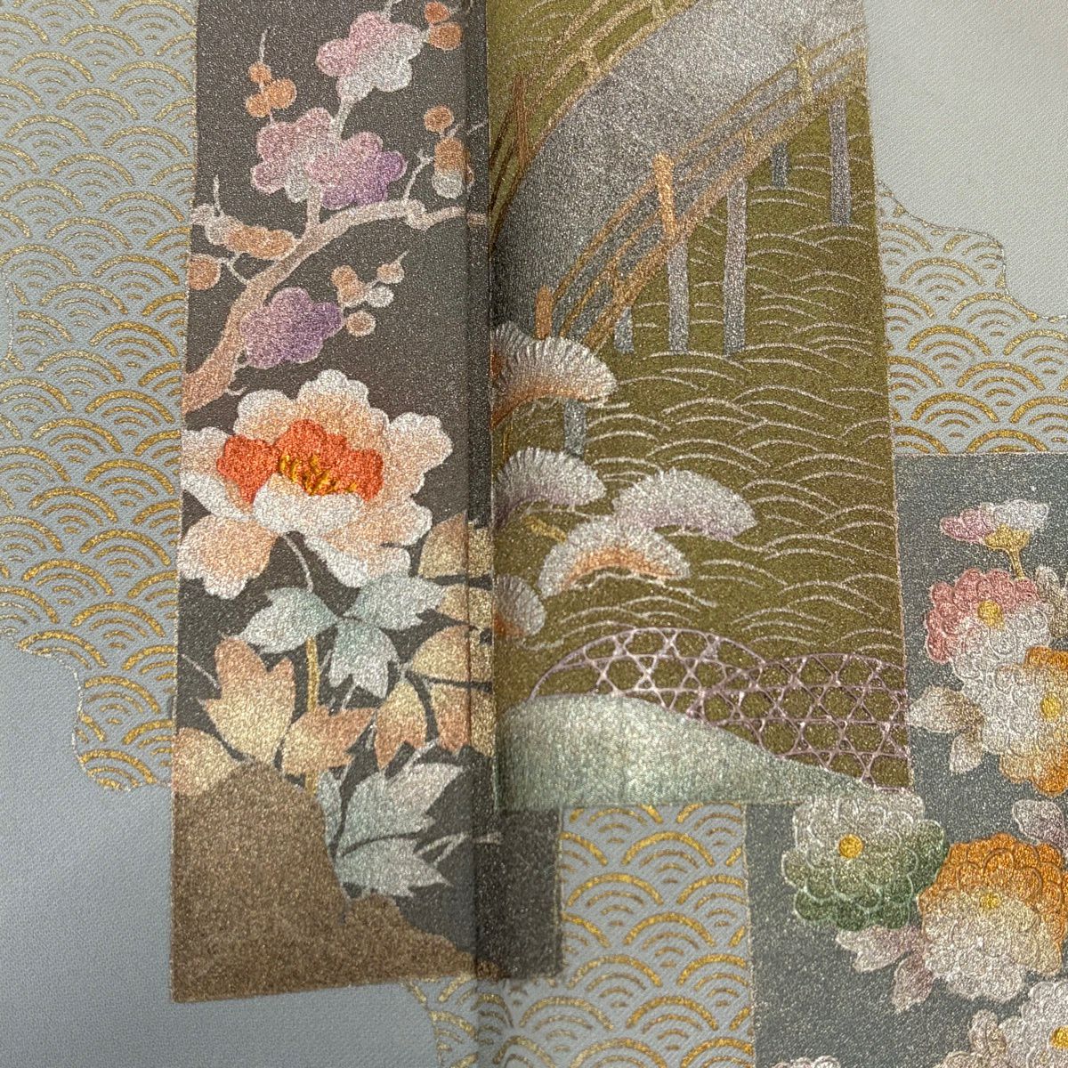 付下 身長160cm 袖長65cm M 雙層 和田光正 落款あり 短冊 草花紋紋 金銀彩 染分 灰白 純蠶絲 秀品級