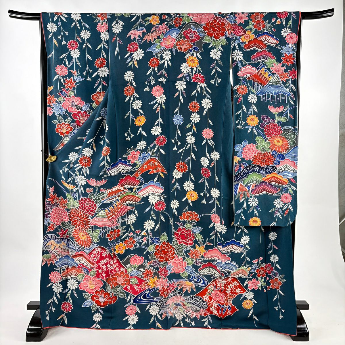 振袖禮服 身長171cm 袖長66.5cm M 雙層 松樹竹子 菊花 絞染 青綠 純蠶絲 秀品級