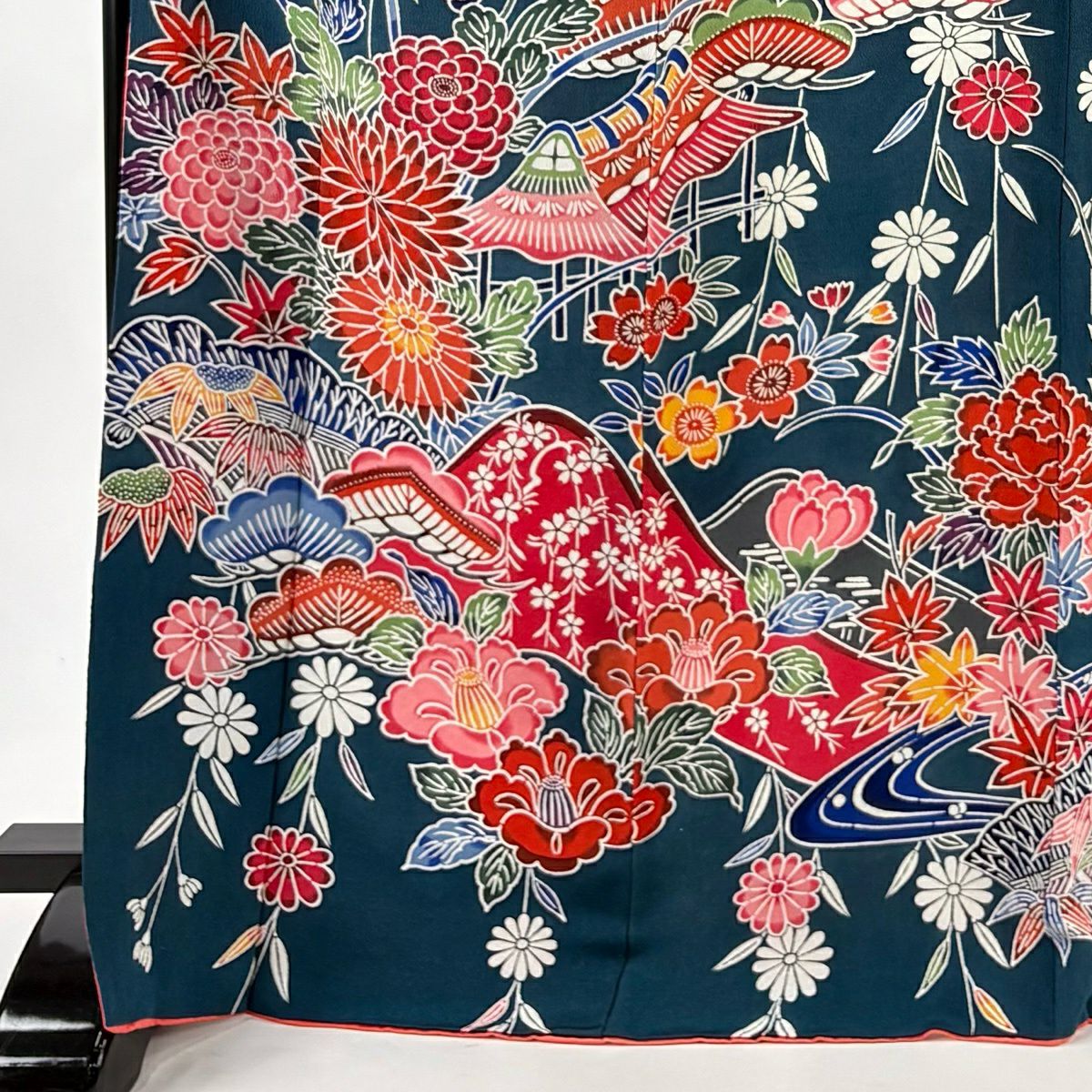 振袖禮服 身長171cm 袖長66.5cm M 雙層 松樹竹子 菊花 絞染 青綠 純蠶絲 秀品級