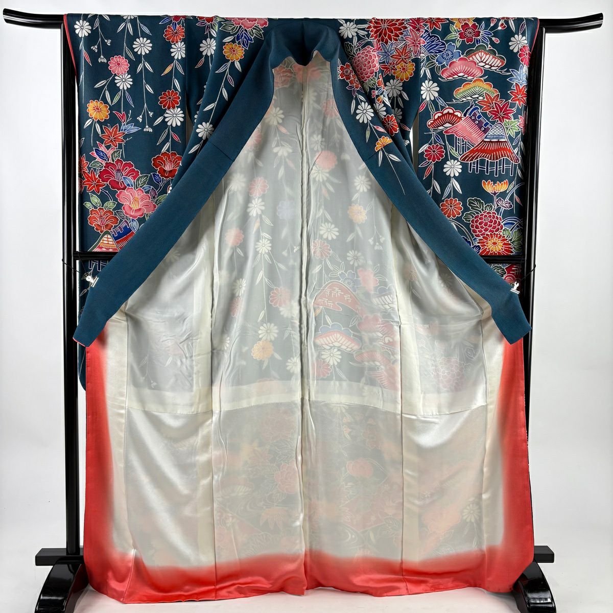 振袖禮服 身長171cm 袖長66.5cm M 雙層 松樹竹子 菊花 絞染 青綠 純蠶絲 秀品級