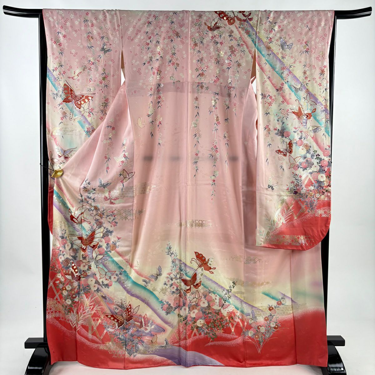 振袖禮服 身長169cm 袖長65.5cm M 雙層 蝶 菊花 金絲 金銀彩 粉紅 純蠶絲 秀品級