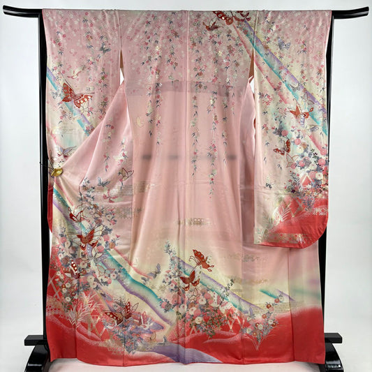 振袖禮服 身長169cm 袖長65.5cm M 雙層 蝶 菊花 金絲 金銀彩 粉紅 純蠶絲 秀品級