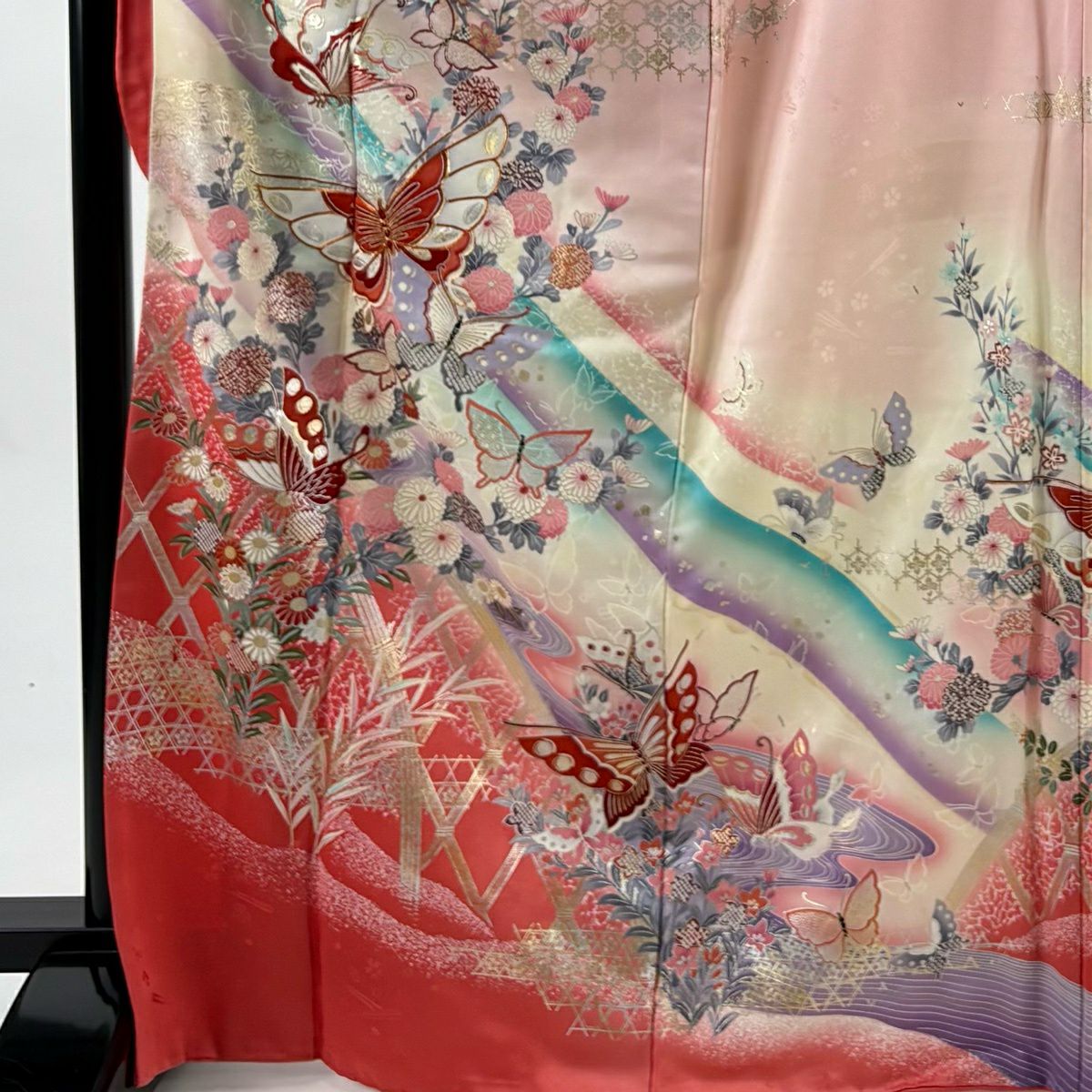 振袖禮服 身長169cm 袖長65.5cm M 雙層 蝶 菊花 金絲 金銀彩 粉紅 純蠶絲 秀品級