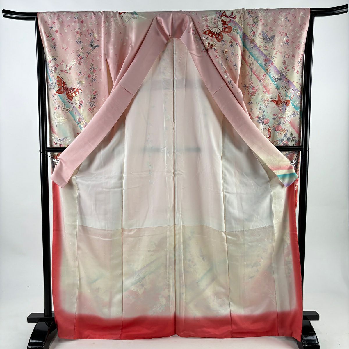 振袖禮服 身長169cm 袖長65.5cm M 雙層 蝶 菊花 金絲 金銀彩 粉紅 純蠶絲 秀品級