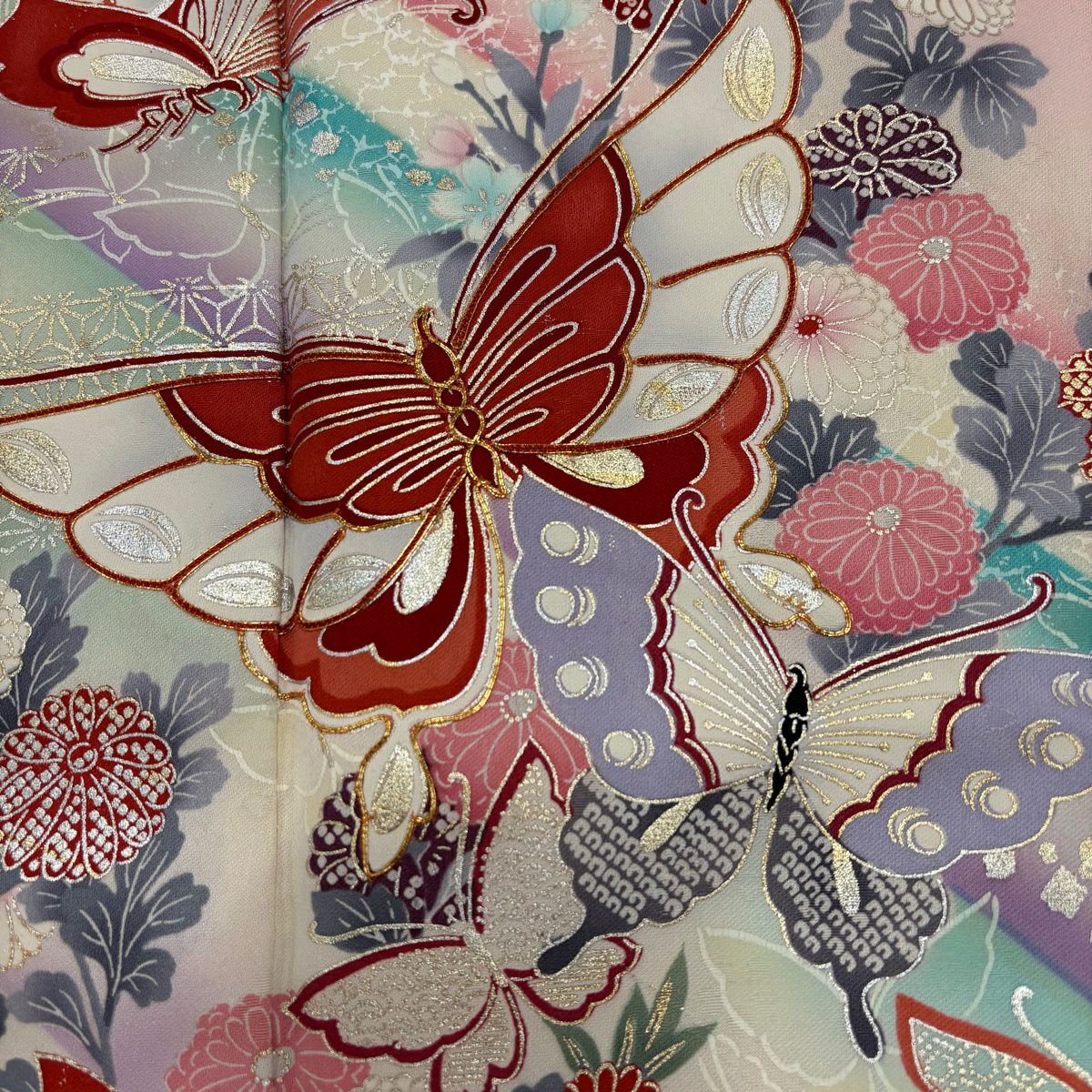 振袖禮服 身長169cm 袖長65.5cm M 雙層 蝶 菊花 金絲 金銀彩 粉紅 純蠶絲 秀品級