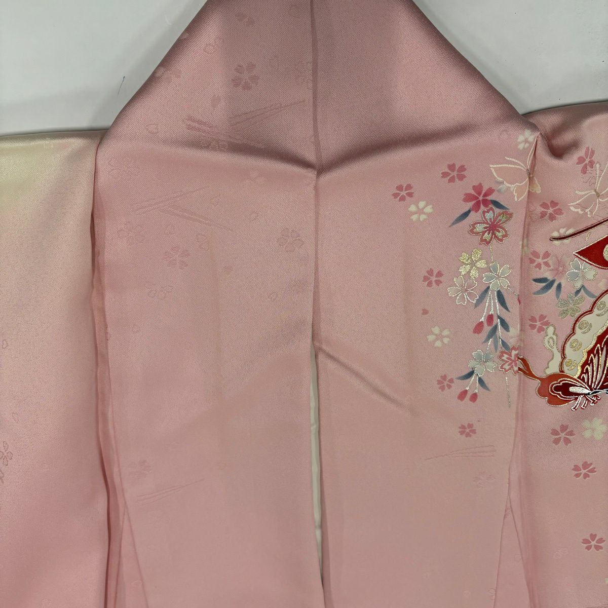 振袖禮服 身長169cm 袖長65.5cm M 雙層 蝶 菊花 金絲 金銀彩 粉紅 純蠶絲 秀品級