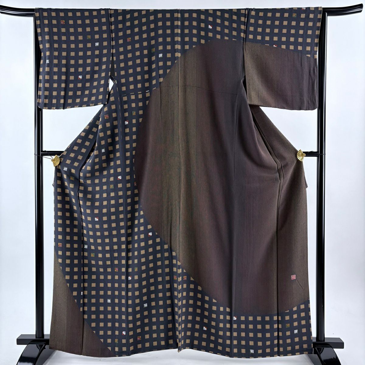 【美品】訪問服 身長162.5cm 袖長65cm M 雙層 附有落款 櫻花 紋條 黑灰 純蠶絲 優品級