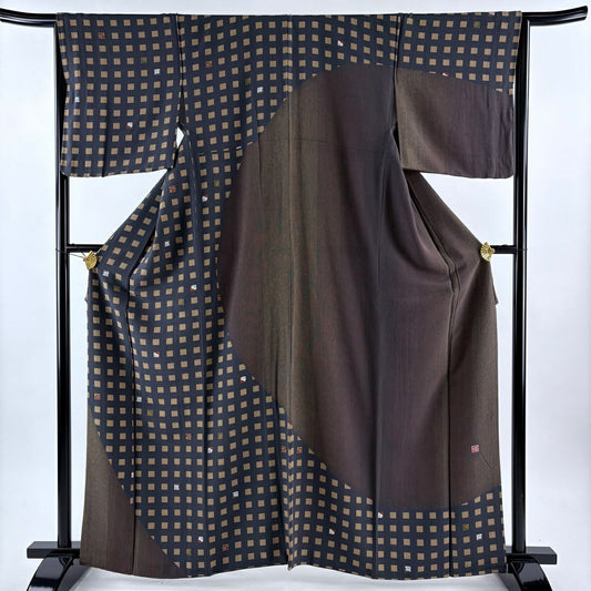 【美品】訪問服 身長162.5cm 袖長65cm M 雙層 附有落款 櫻花 紋條 黑灰 純蠶絲 優品級