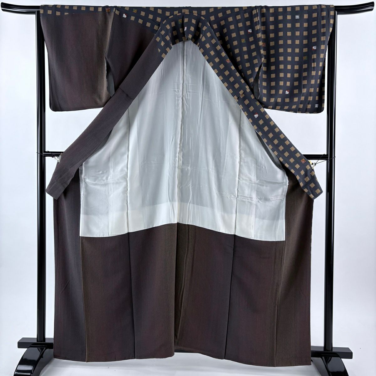 【美品】訪問服 身長162.5cm 袖長65cm M 雙層 附有落款 櫻花 紋條 黑灰 純蠶絲 優品級
