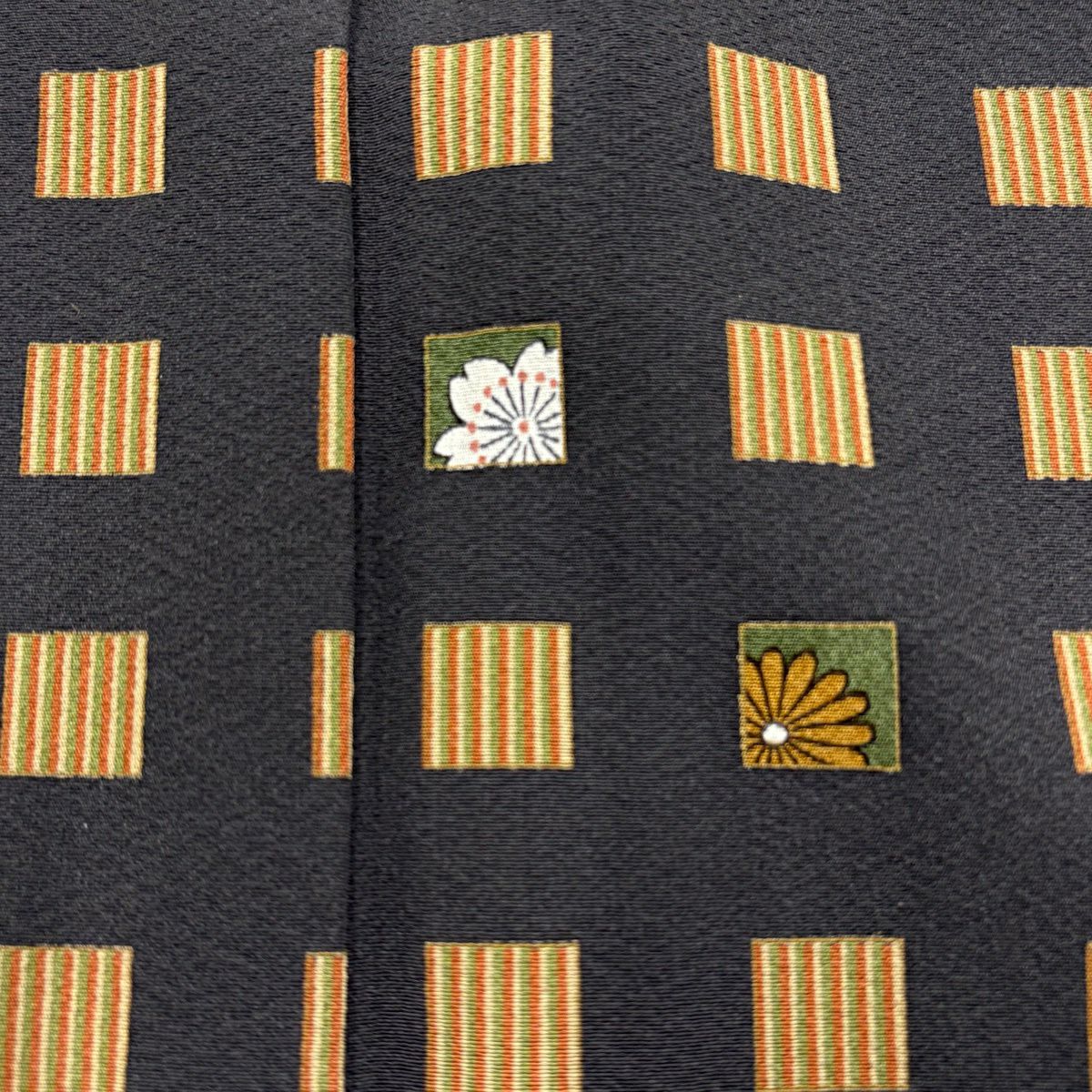 【美品】訪問服 身長162.5cm 袖長65cm M 雙層 附有落款 櫻花 紋條 黑灰 純蠶絲 優品級