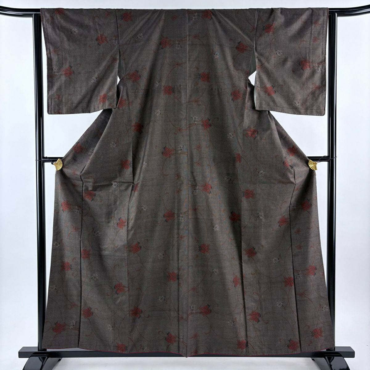 【美品】 紬織 身長159cm 袖長63.5cm S 雙層 花唐草紋 焦茶 純蠶絲 秀品級