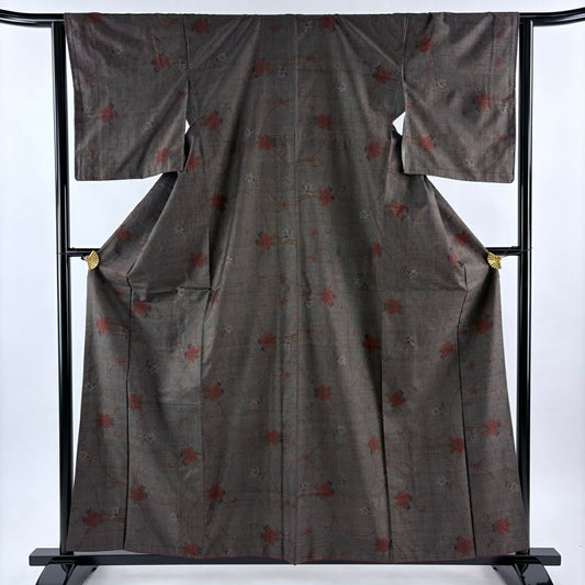 【美品】 紬織 身長159cm 袖長63.5cm S 雙層 花唐草紋 焦茶 純蠶絲 秀品級