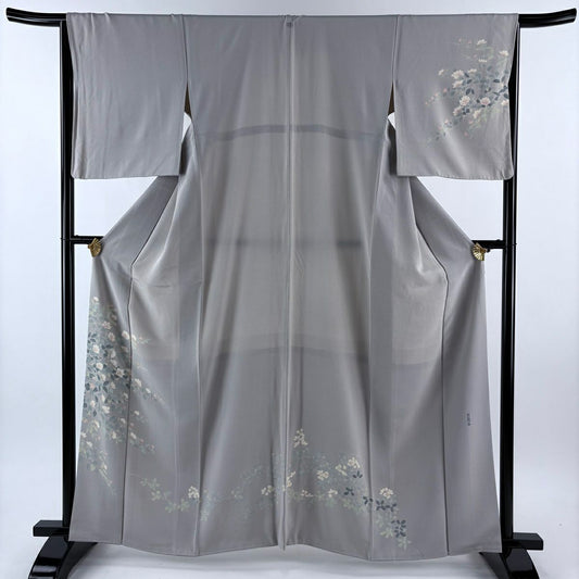 訪問服 身長161.5cm 袖長64cm M 雙層 落款あり 草花紋紋 灰 純蠶絲 秀品級 一つ紋