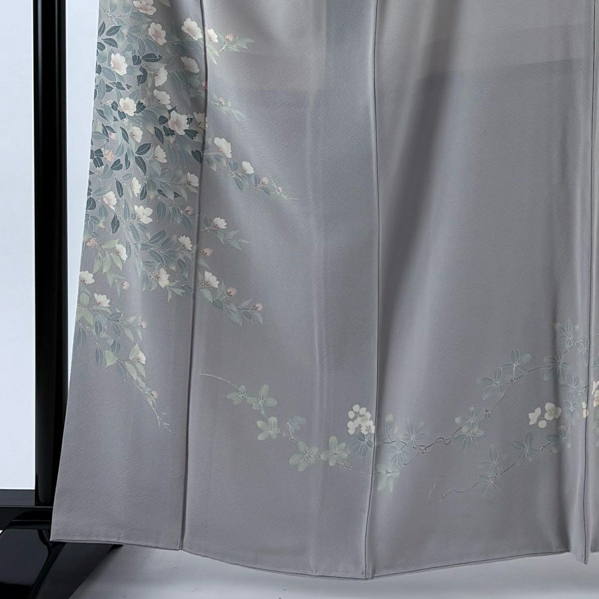 訪問服 身長161.5cm 袖長64cm M 雙層 落款あり 草花紋紋 灰 純蠶絲 秀品級 一つ紋