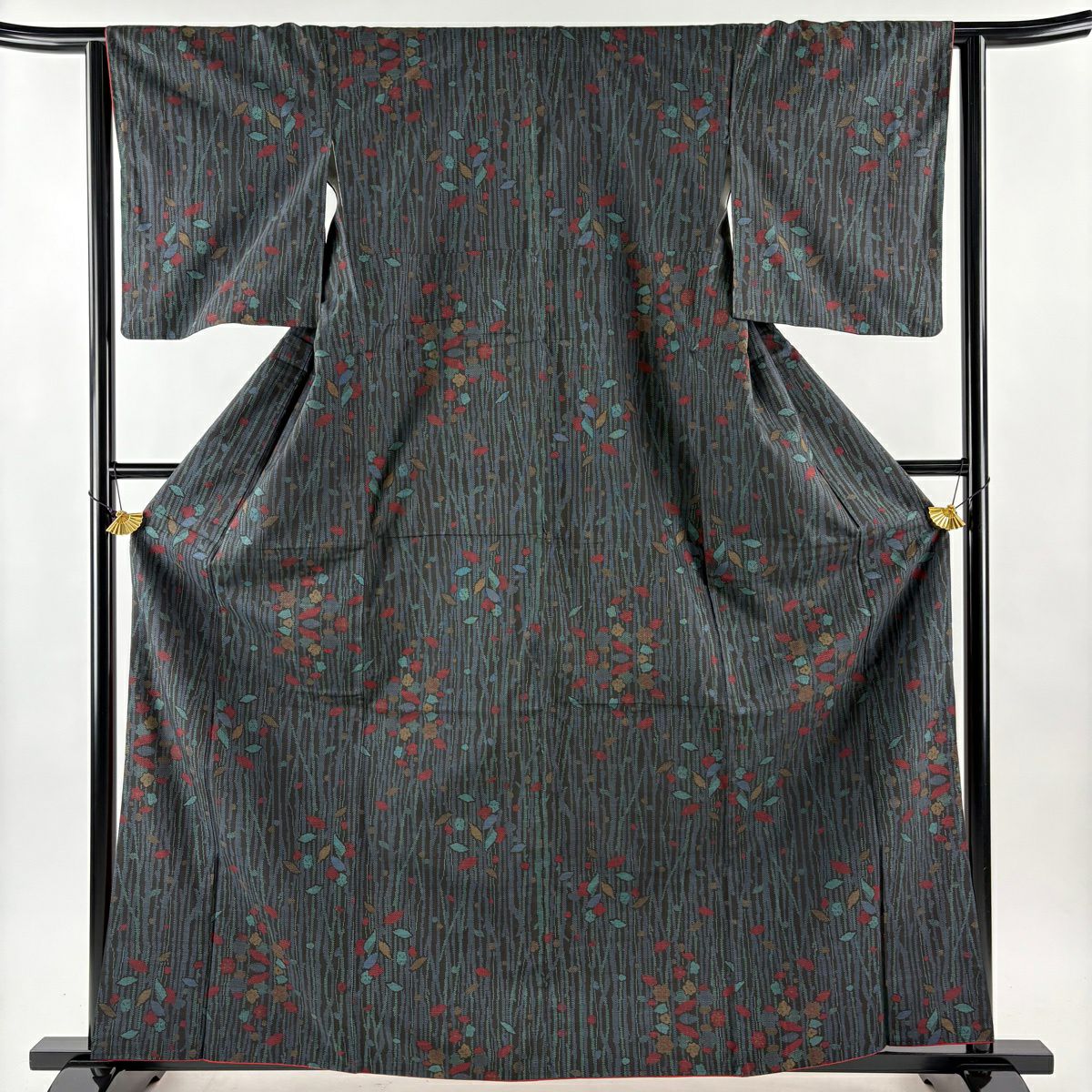 【美品】 紬織 身長162.5cm 袖長63cm S 雙層 枝葉 梅花 黑 純蠶絲 秀品級