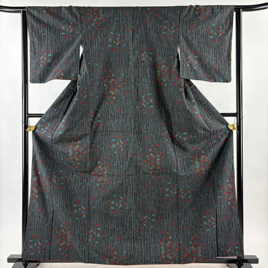 【美品】 紬織 身長162.5cm 袖長63cm S 雙層 枝葉 梅花 黑 純蠶絲 秀品級