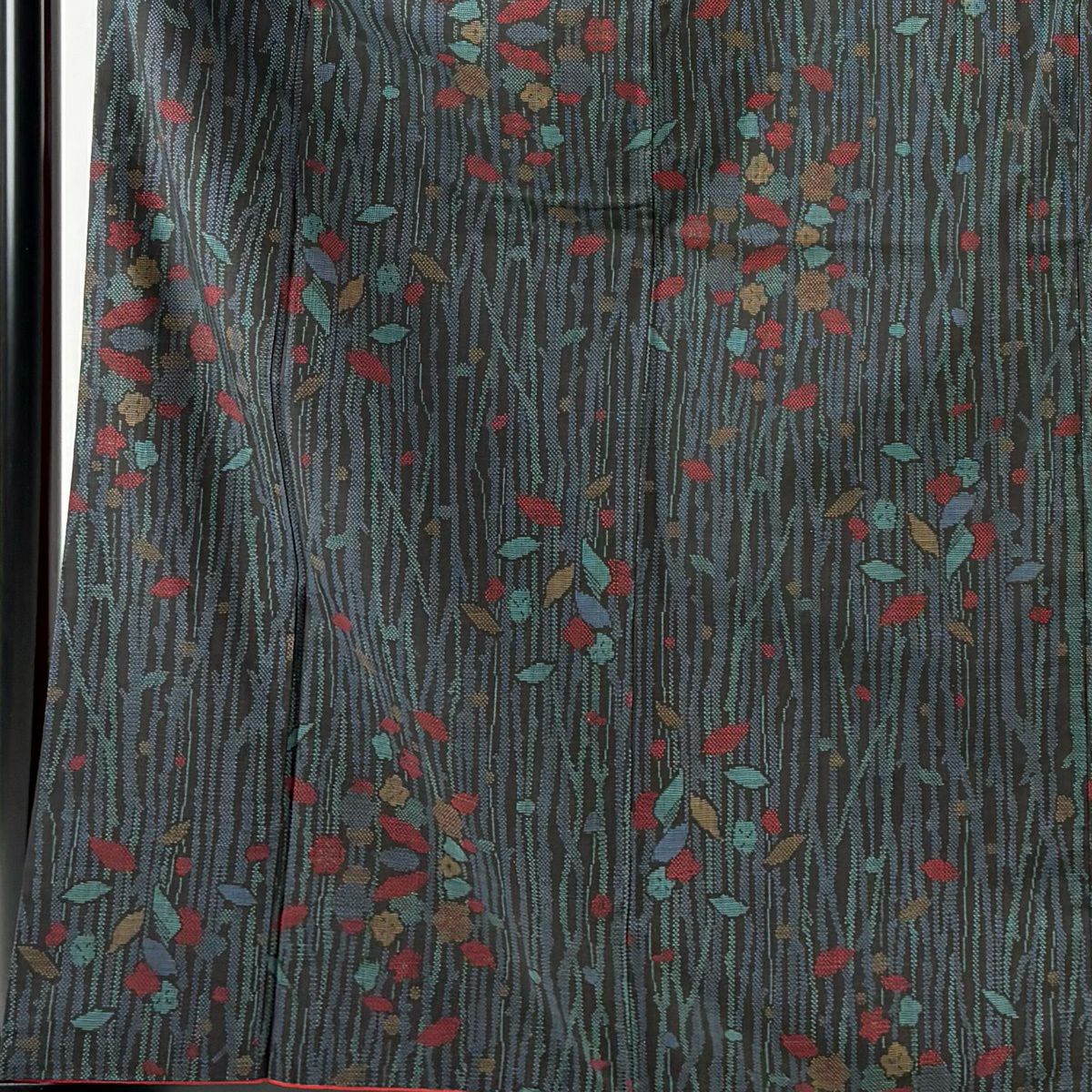 【美品】 紬織 身長162.5cm 袖長63cm S 雙層 枝葉 梅花 黑 純蠶絲 秀品級