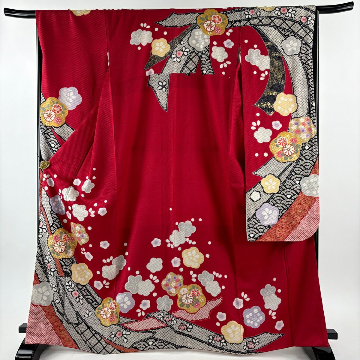 【美品】振袖禮服 身長167.5cm 袖長66cm M 雙層 梅花 熨斗紋 金絲 金銀彩 紅 純蠶絲 秀品級