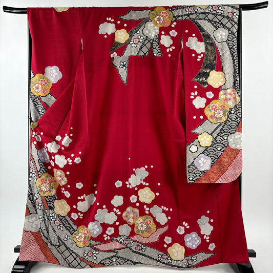 【美品】振袖禮服 身長167.5cm 袖長66cm M 雙層 梅花 熨斗紋 金絲 金銀彩 紅 純蠶絲 秀品級