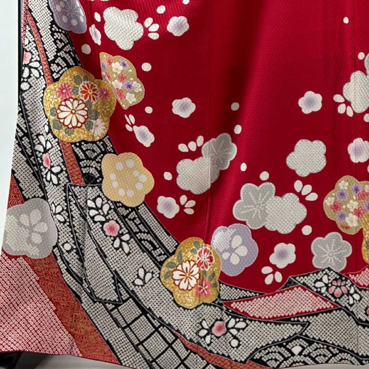 【美品】振袖禮服 身長167.5cm 袖長66cm M 雙層 梅花 熨斗紋 金絲 金銀彩 紅 純蠶絲 秀品級
