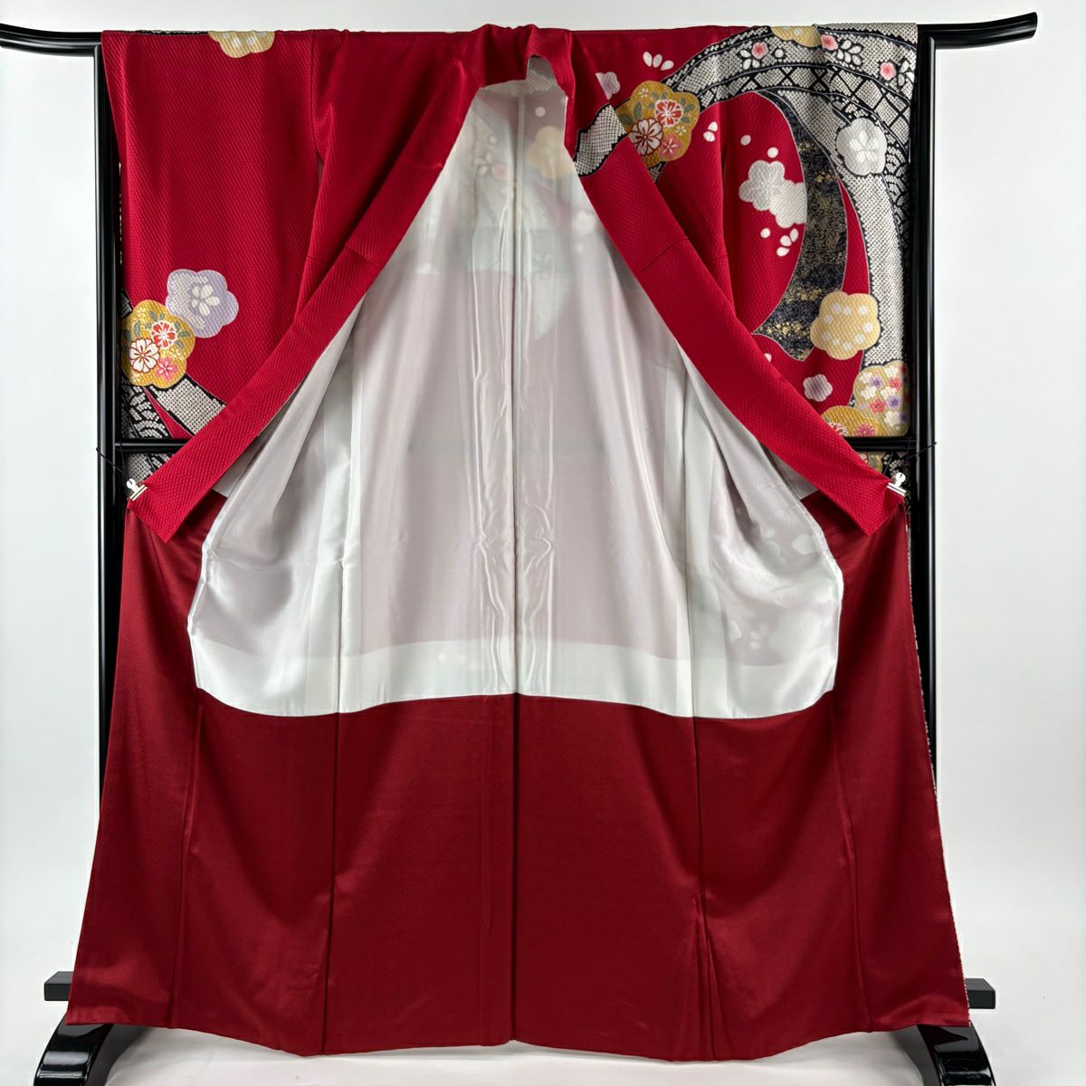 【美品】振袖禮服 身長167.5cm 袖長66cm M 雙層 梅花 熨斗紋 金絲 金銀彩 紅 純蠶絲 秀品級