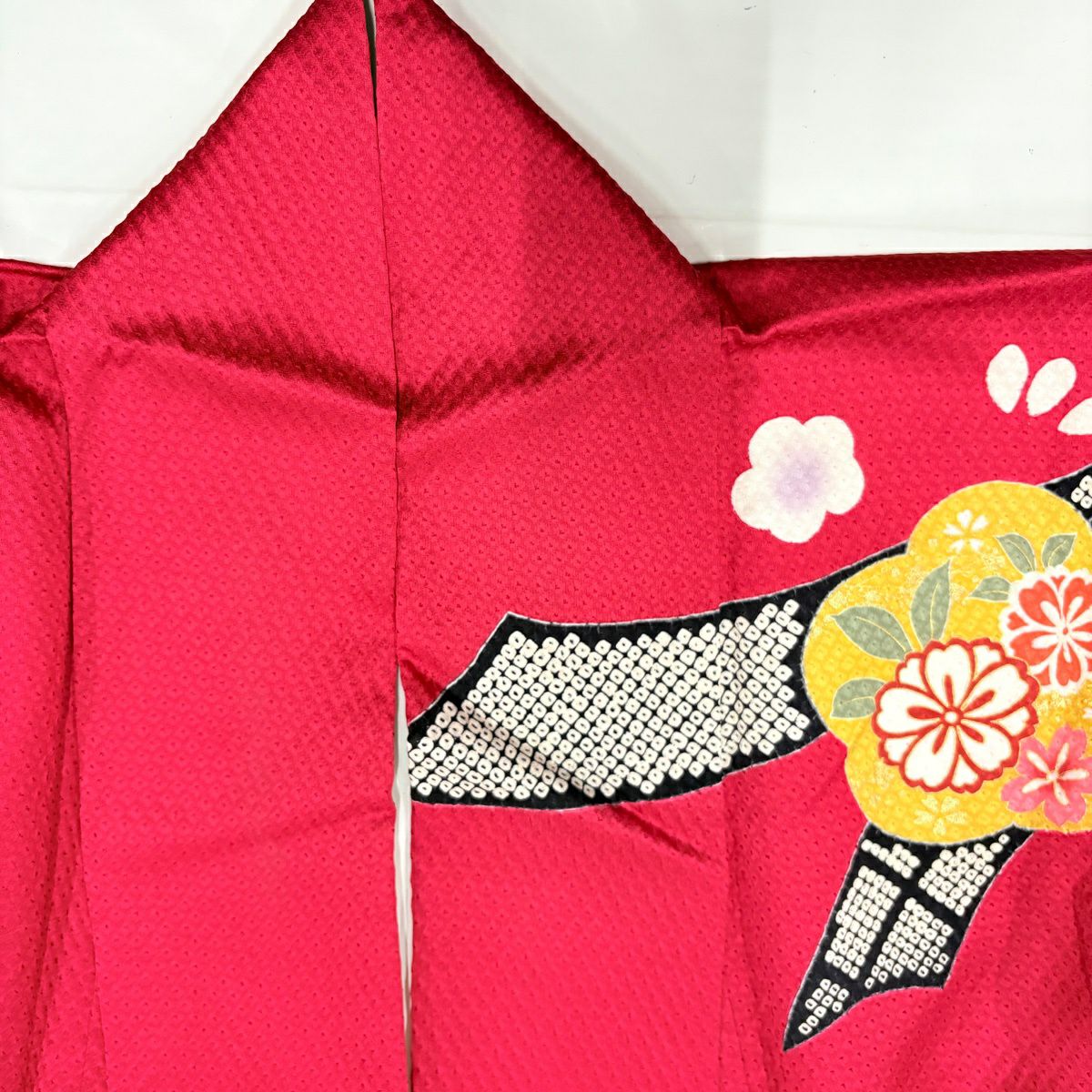 【美品】振袖禮服 身長167.5cm 袖長66cm M 雙層 梅花 熨斗紋 金絲 金銀彩 紅 純蠶絲 秀品級