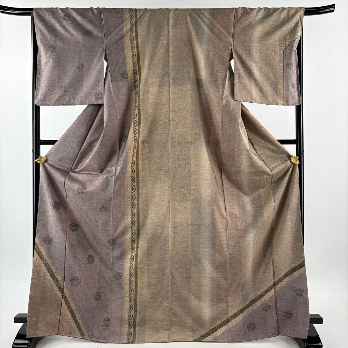 【美品】訪問服 身長170.5cm 袖長67cm M 雙層 紬織織 花 籠目 灰紫 純蠶絲 秀品級
