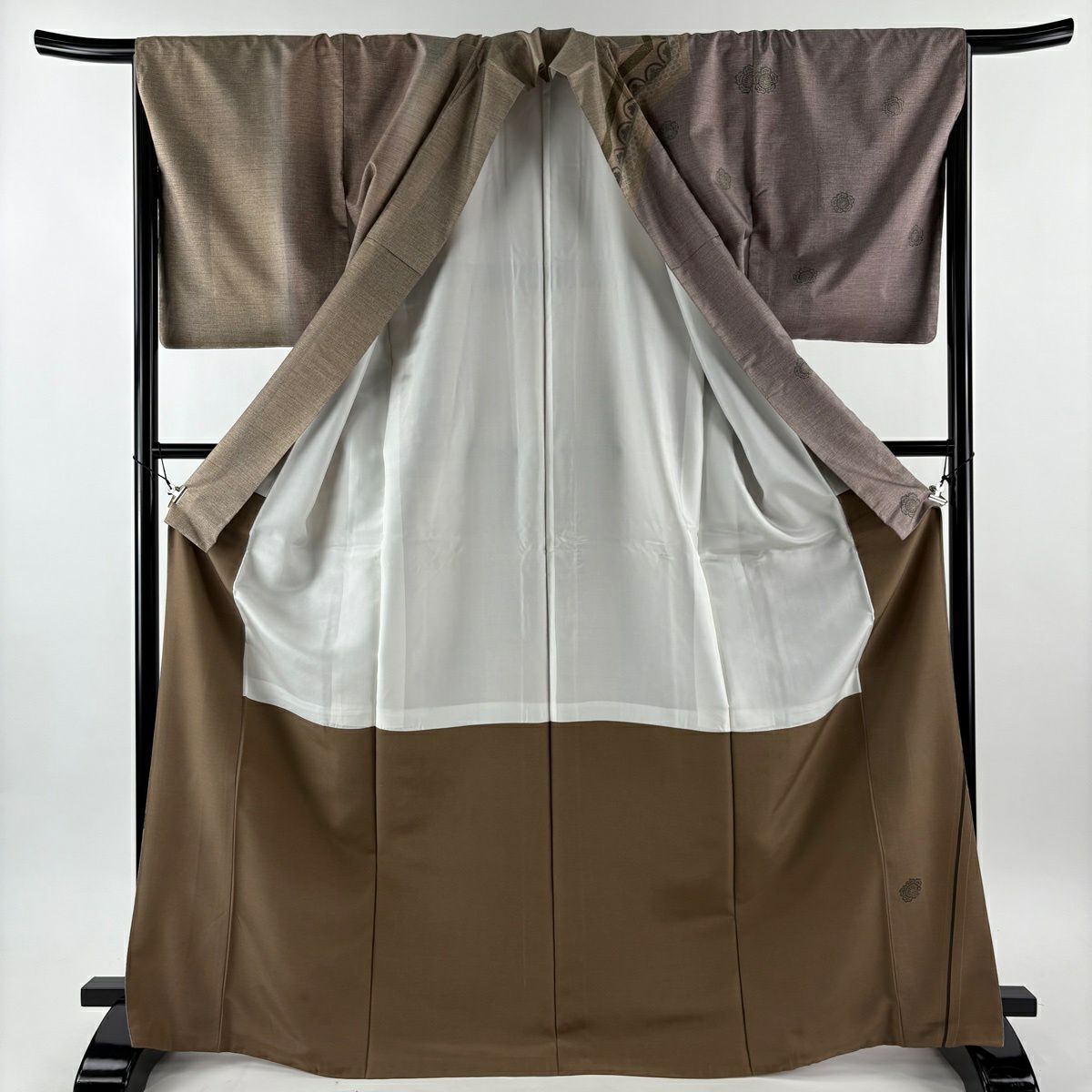 【美品】訪問服 身長170.5cm 袖長67cm M 雙層 紬織織 花 籠目 灰紫 純蠶絲 秀品級