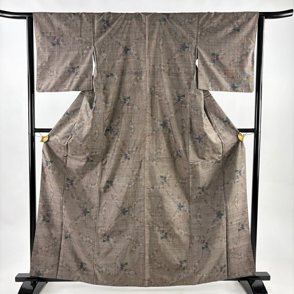 【美品】 紬織織 身長162cm 袖長63cm S 雙層 草花紋紋 焦茶 純蠶絲 秀品級
