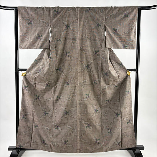【美品】 紬織織 身長162cm 袖長63cm S 雙層 草花紋紋 焦茶 純蠶絲 秀品級