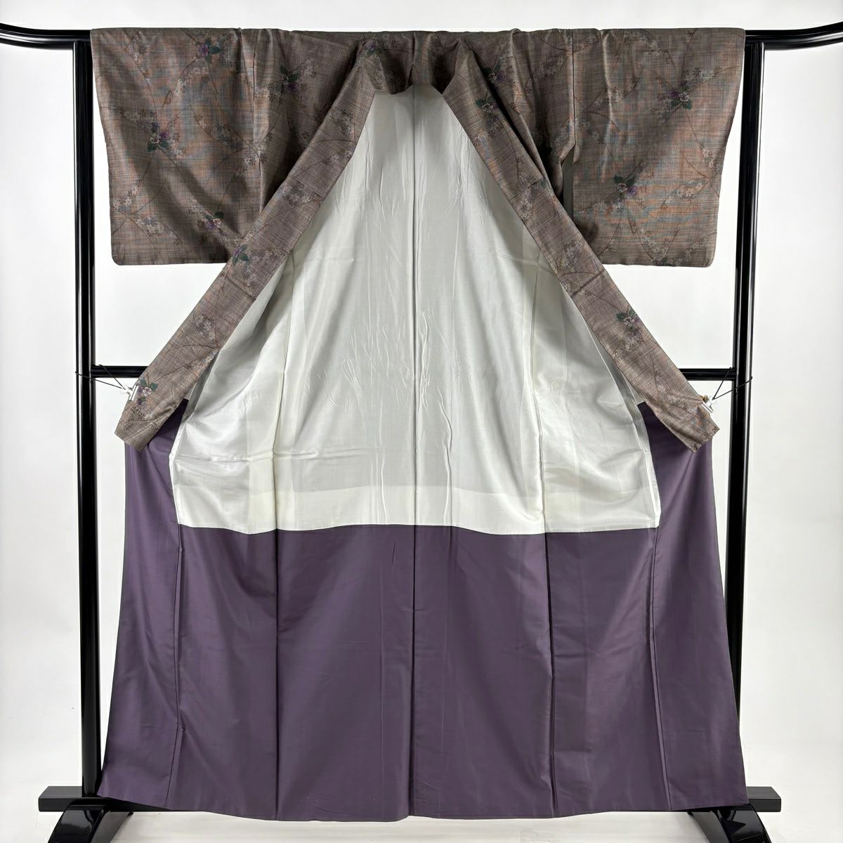 【美品】 紬織織 身長162cm 袖長63cm S 雙層 草花紋紋 焦茶 純蠶絲 秀品級