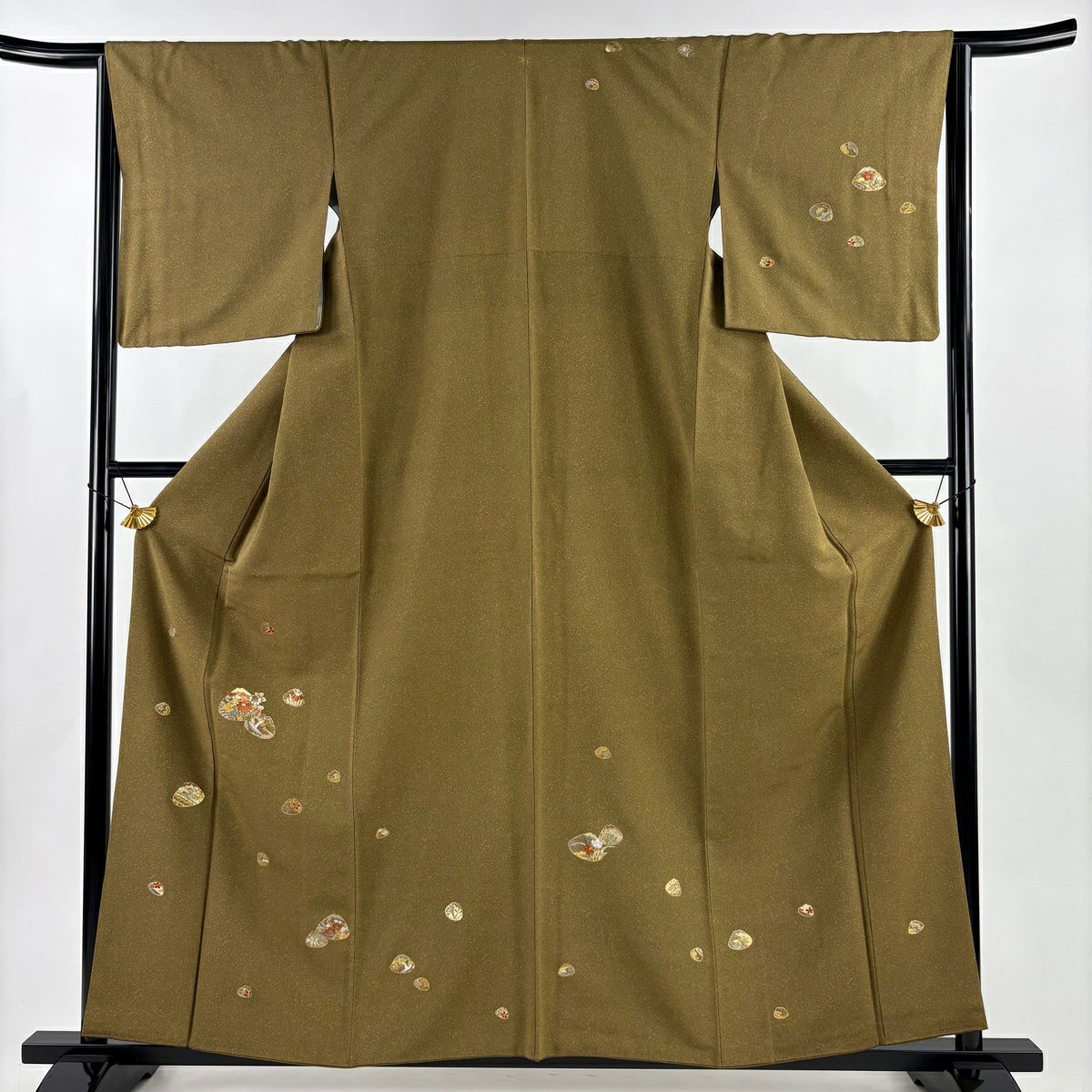 【美品】 付下 身長159cm 袖長65cm M 雙層 貝合 草花紋紋 金糸刺繡 茶綠 純蠶絲 秀品級 一つ紋