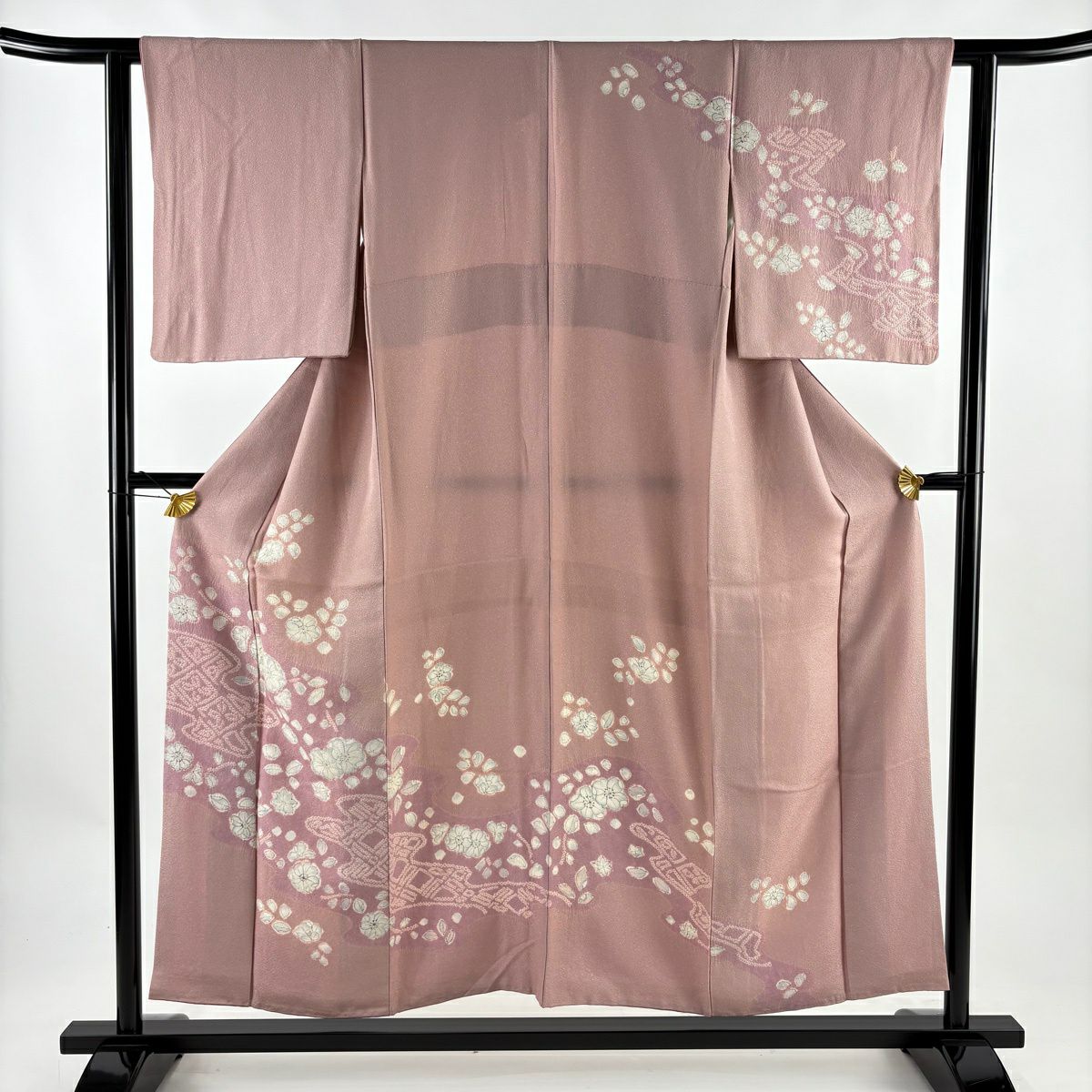 訪問服 身長154cm 袖長61cm S 雙層 草花紋紋 霞 銀通し 絞染 粉紅 純蠶絲 秀品級