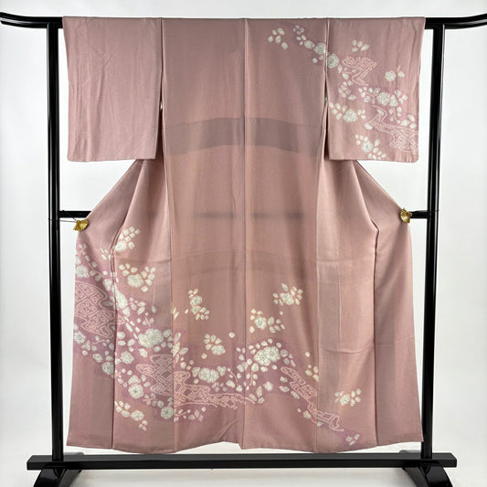 訪問服 身長154cm 袖長61cm S 雙層 草花紋紋 霞 銀通し 絞染 粉紅 純蠶絲 秀品級
