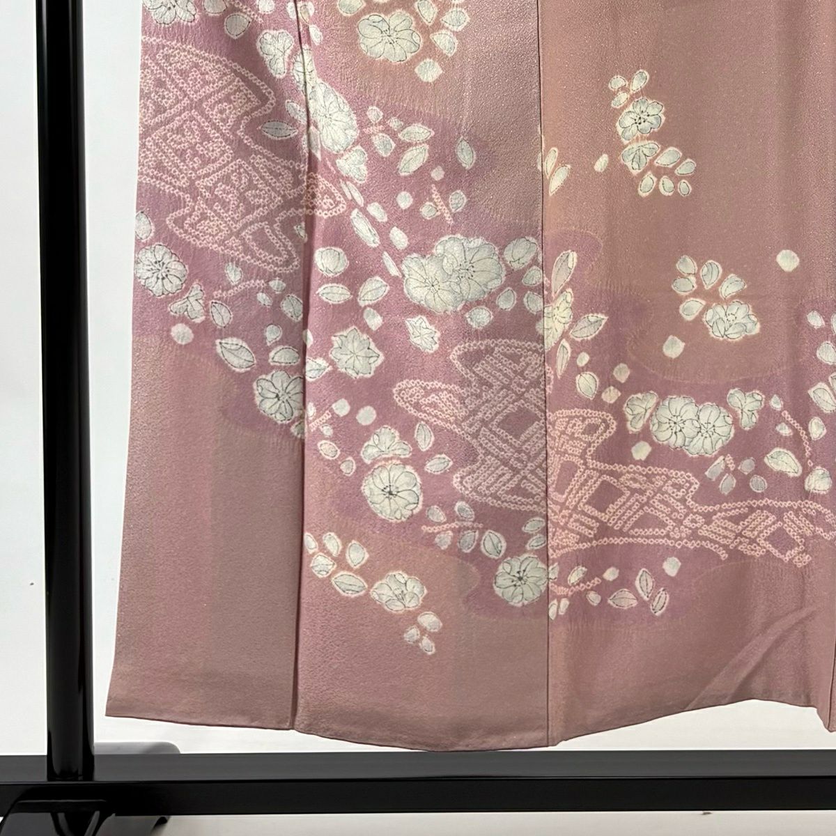 訪問服 身長154cm 袖長61cm S 雙層 草花紋紋 霞 銀通し 絞染 粉紅 純蠶絲 秀品級