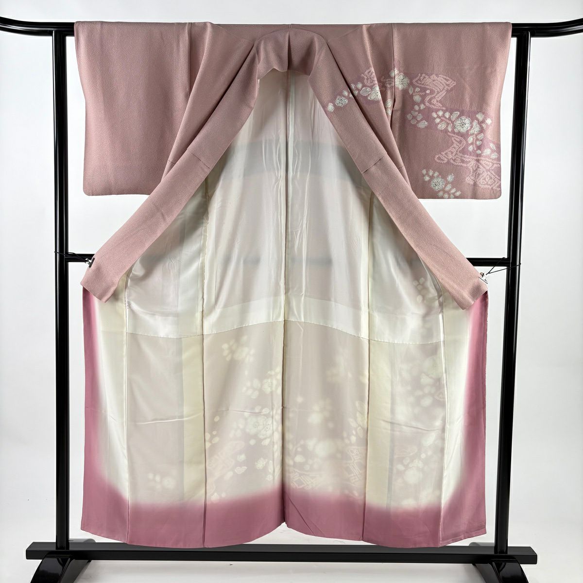 訪問服 身長154cm 袖長61cm S 雙層 草花紋紋 霞 銀通し 絞染 粉紅 純蠶絲 秀品級