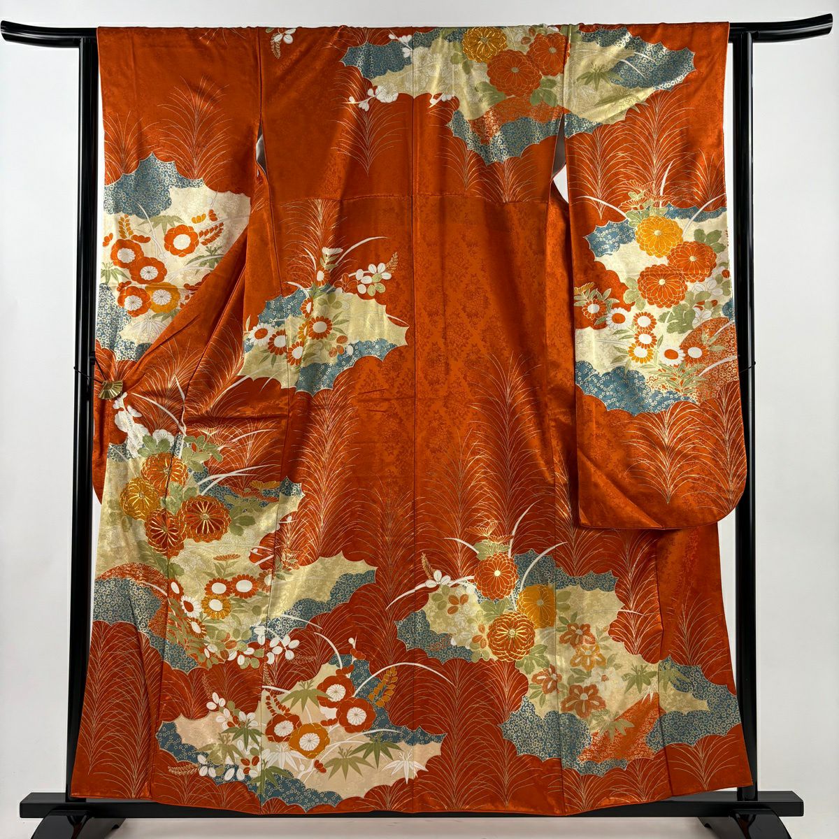 振袖禮服 身長158.5cm 袖長63cm S 雙層 菊花 枝梅花 金絲 金銀彩 紅茶 純蠶絲 秀品級