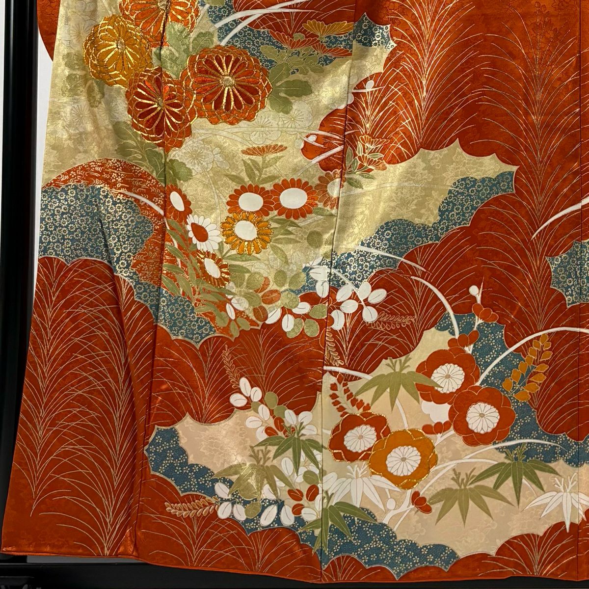 振袖禮服 身長158.5cm 袖長63cm S 雙層 菊花 枝梅花 金絲 金銀彩 紅茶 純蠶絲 秀品級