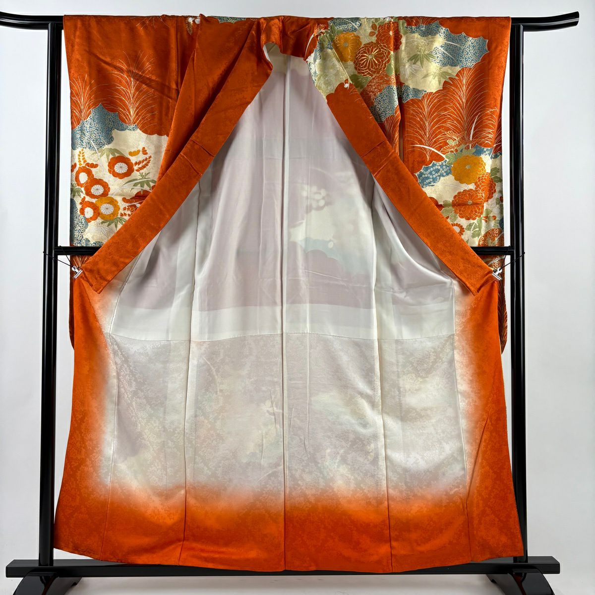振袖禮服 身長158.5cm 袖長63cm S 雙層 菊花 枝梅花 金絲 金銀彩 紅茶 純蠶絲 秀品級