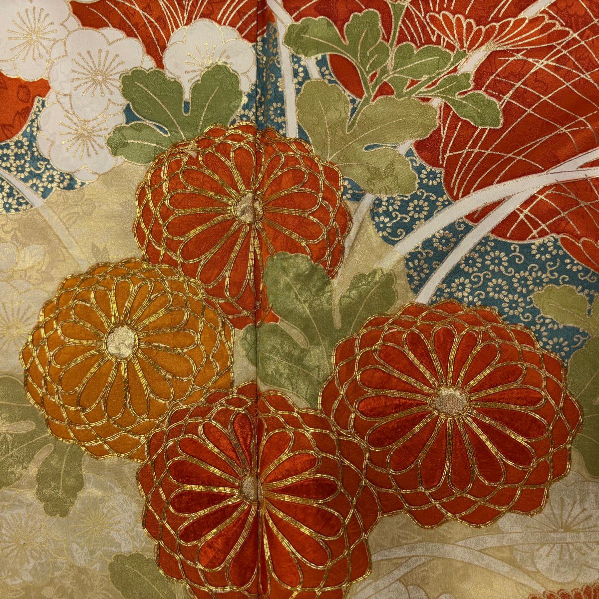 振袖禮服 身長158.5cm 袖長63cm S 雙層 菊花 枝梅花 金絲 金銀彩 紅茶 純蠶絲 秀品級