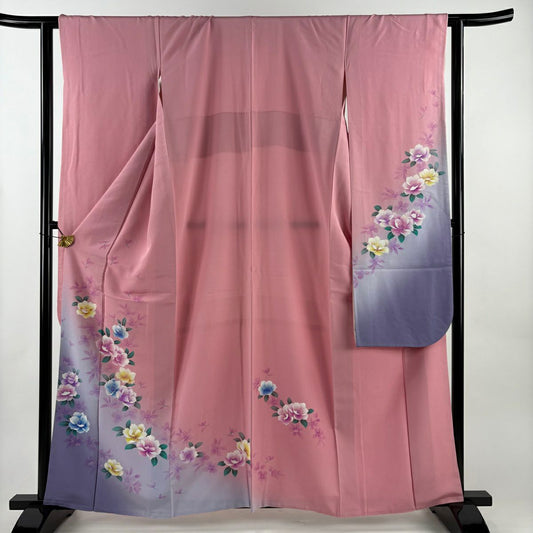 振袖禮服 身長160cm 袖長63.5cm S 雙層 草花紋紋 染分 漸層 粉紅 純蠶絲 優品級
