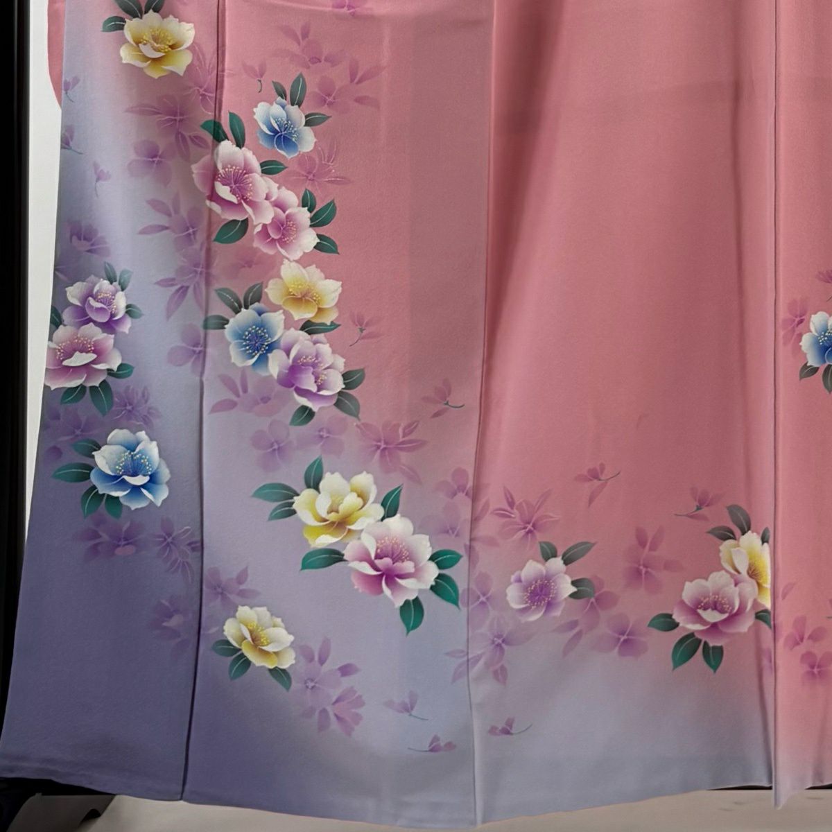 振袖禮服 身長160cm 袖長63.5cm S 雙層 草花紋紋 染分 漸層 粉紅 純蠶絲 優品級