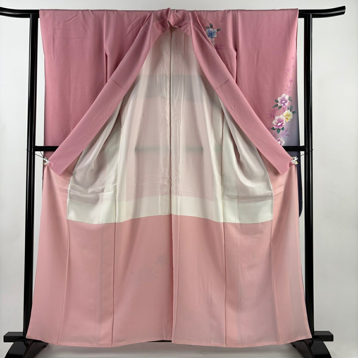 振袖禮服 身長160cm 袖長63.5cm S 雙層 草花紋紋 染分 漸層 粉紅 純蠶絲 優品級